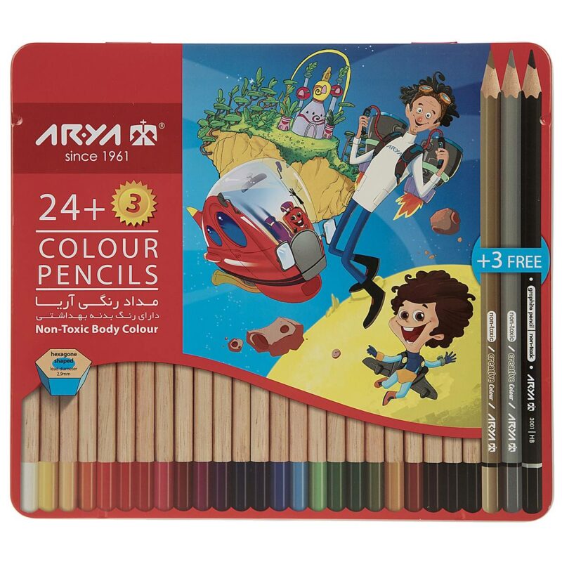 مداد رنگي 243رنگ فلزي تخت 3022 آريا مداد رنگی 24+3 رنگ آریا فلزی تخت 3022